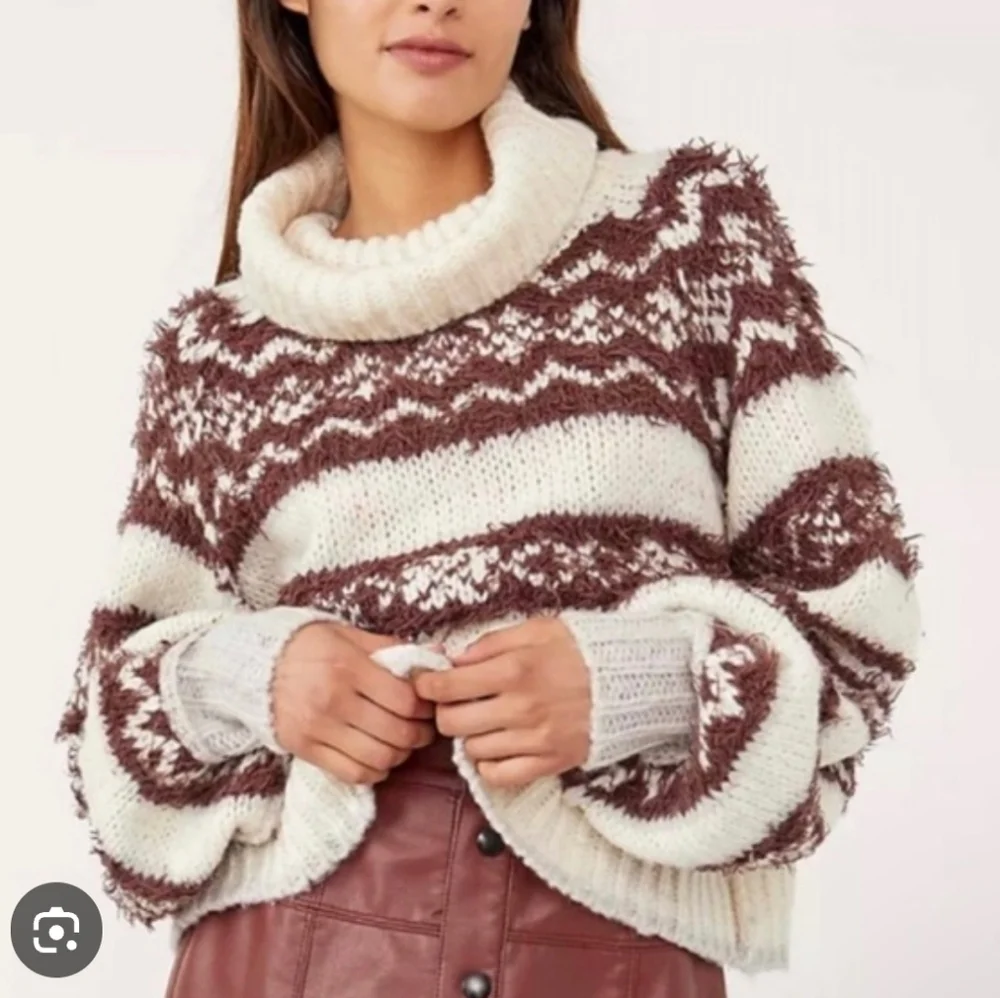 FREE PEOPLE Check Me Out Brown and Cream Turtleneck Cropped Sweater NWT M
